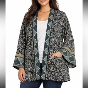 Soft Surroundings Printed Velvet Kimono Jacket Boho Open Front Bell Sleeve 1X